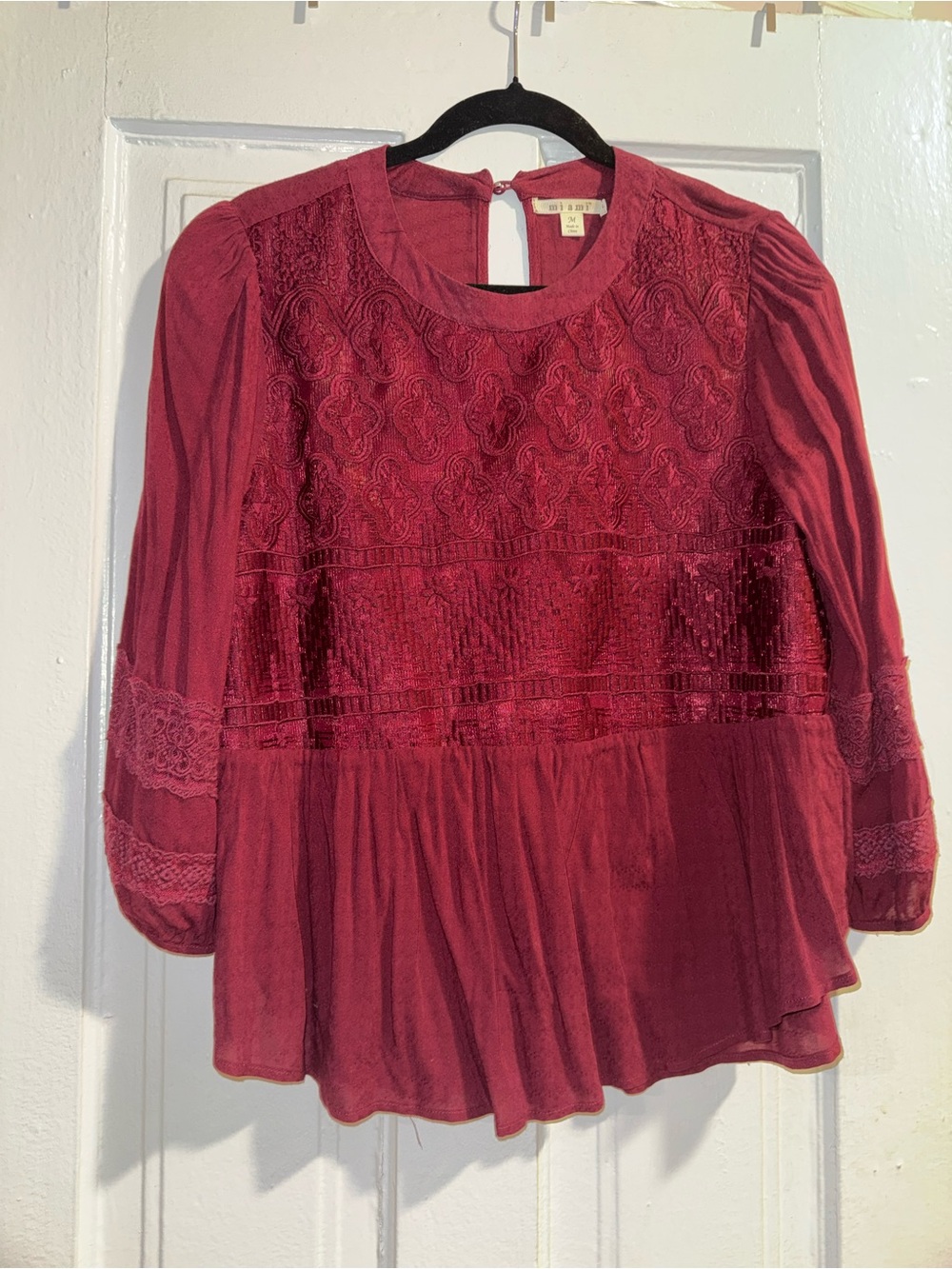 Burgundy Lace Embroidered Boho Blouse Women’s Size M Long Sleeve